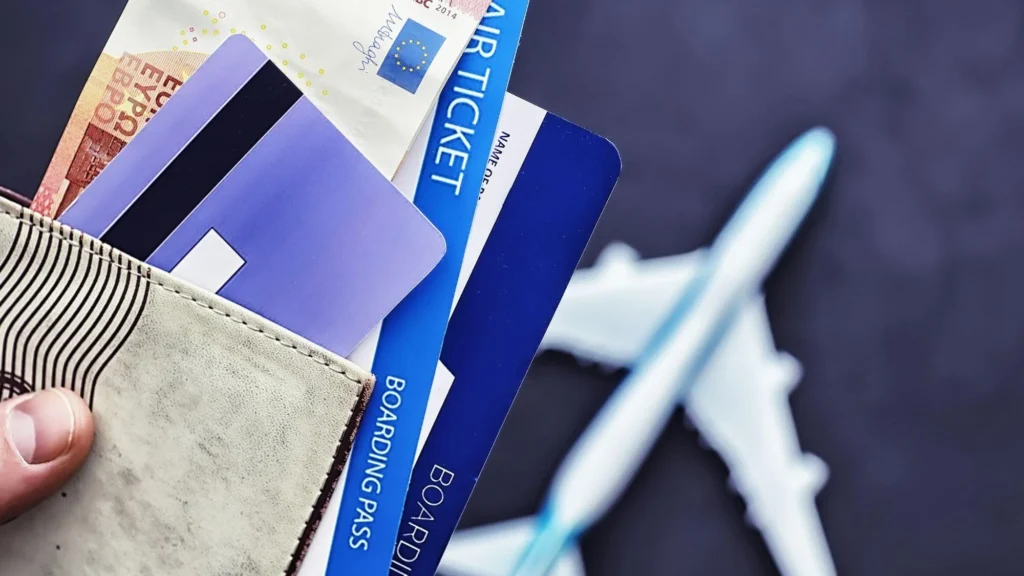 A wallet with boarding passes, credit cards, and Euros against a backdrop of a blurred airplane
