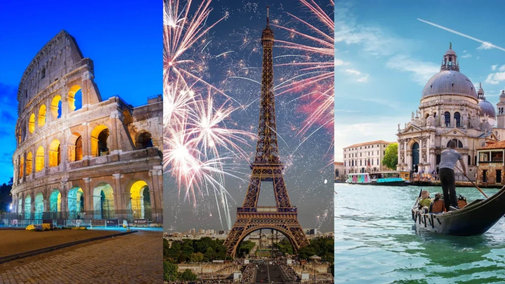 A collage featuring the Colosseum, Eiffel Tower, and Venice canals