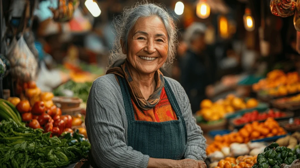  smiling elderly vendor surrounded by colorful produce in a vibrant local market