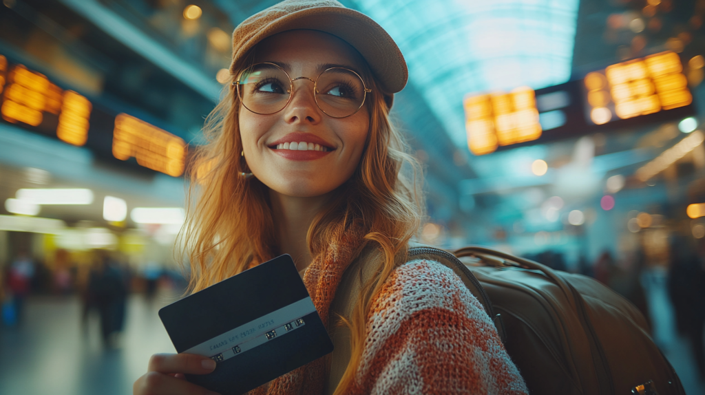 Traveler holding a passport and credit card at an airport, symbolizing the benefits of travel rewards and loyalty programs