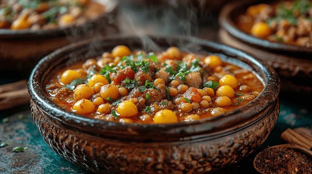 A steaming bowl of traditional food with chickpeas, spices, and herbs, representing authentic local cuisine