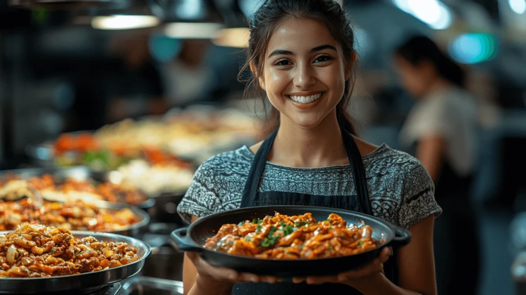 A smiling woman holding a plate of freshly prepared food at a vibrant street food market