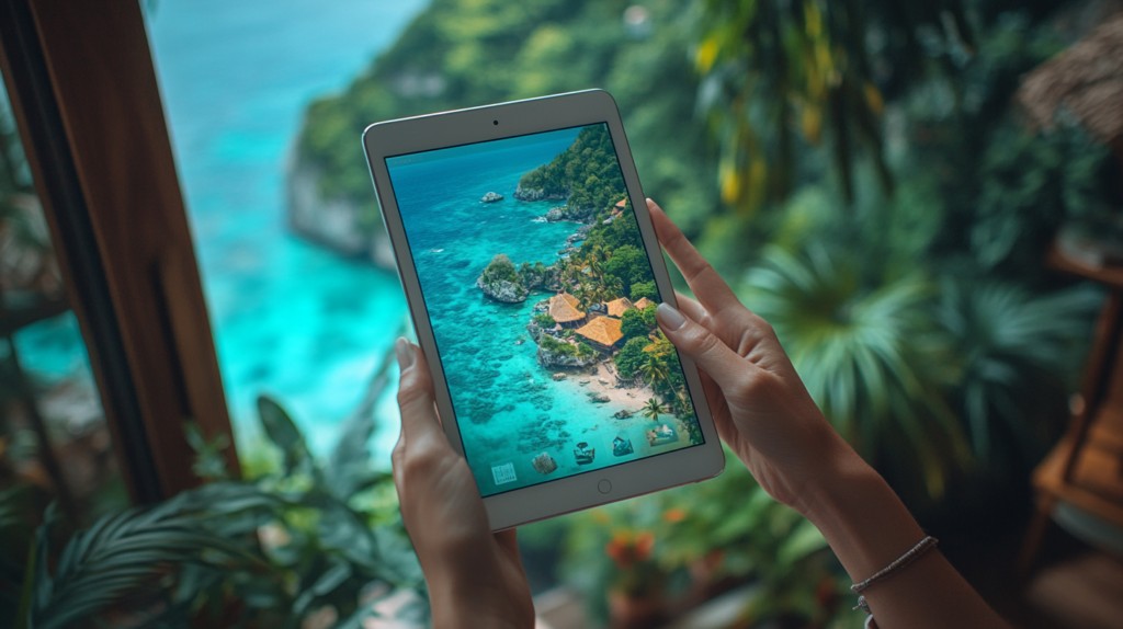 Hands holding a tablet showing unique beachside accommodations surrounded by greenery, representing budget-friendly platforms