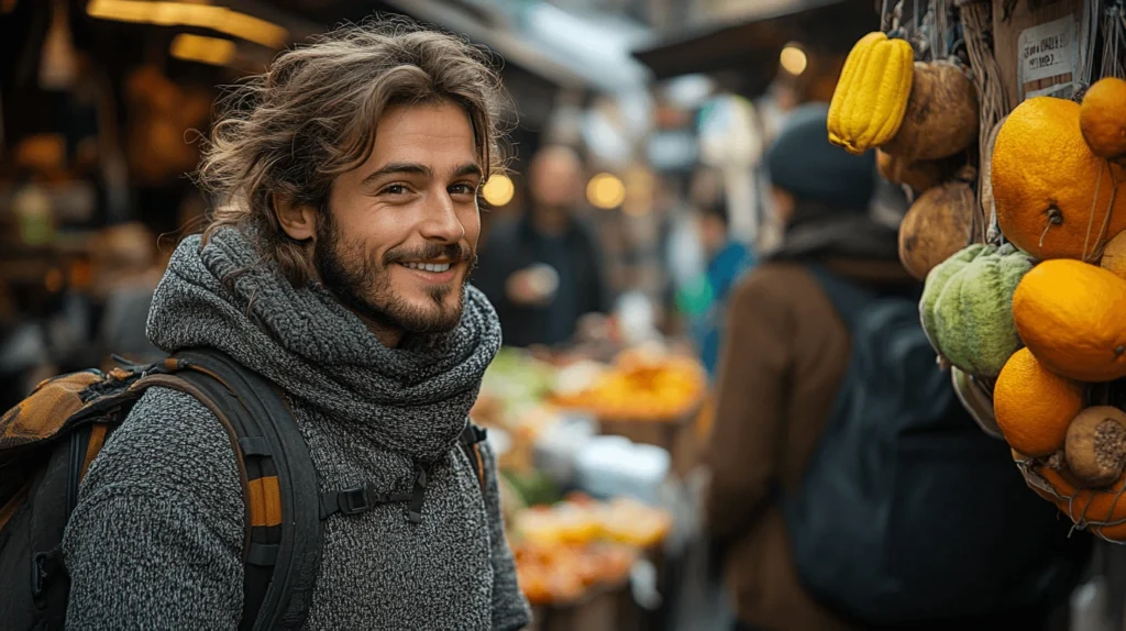 A traveler smiling and holding a notebook with local language phrases, surrounded by a market atmosphere