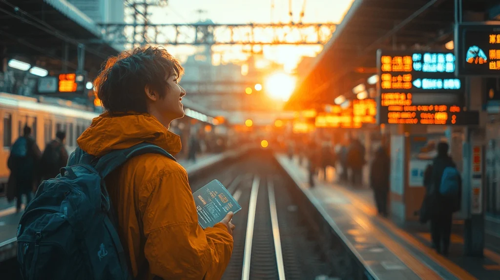 A traveler holding a train pass at a busy train station during sunrise, preparing for an affordable journey