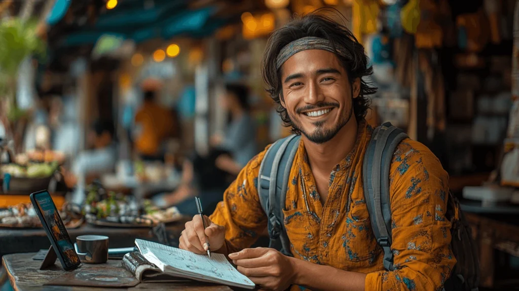 A smiling traveler in a colorful market, writing notes in a journal with a smartphone nearby