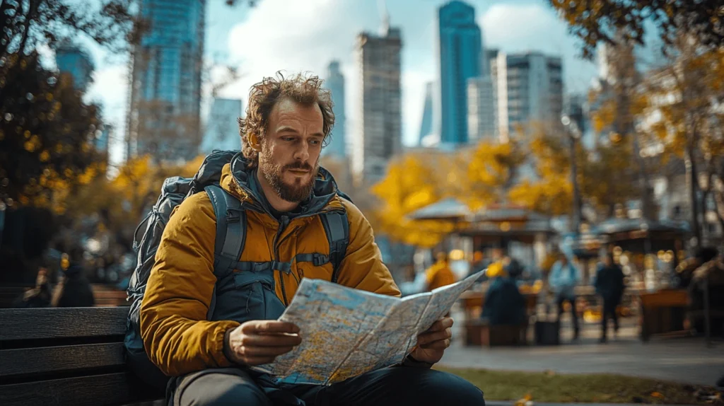 A traveler sitting on a park bench, studying a map with a bustling city in the background