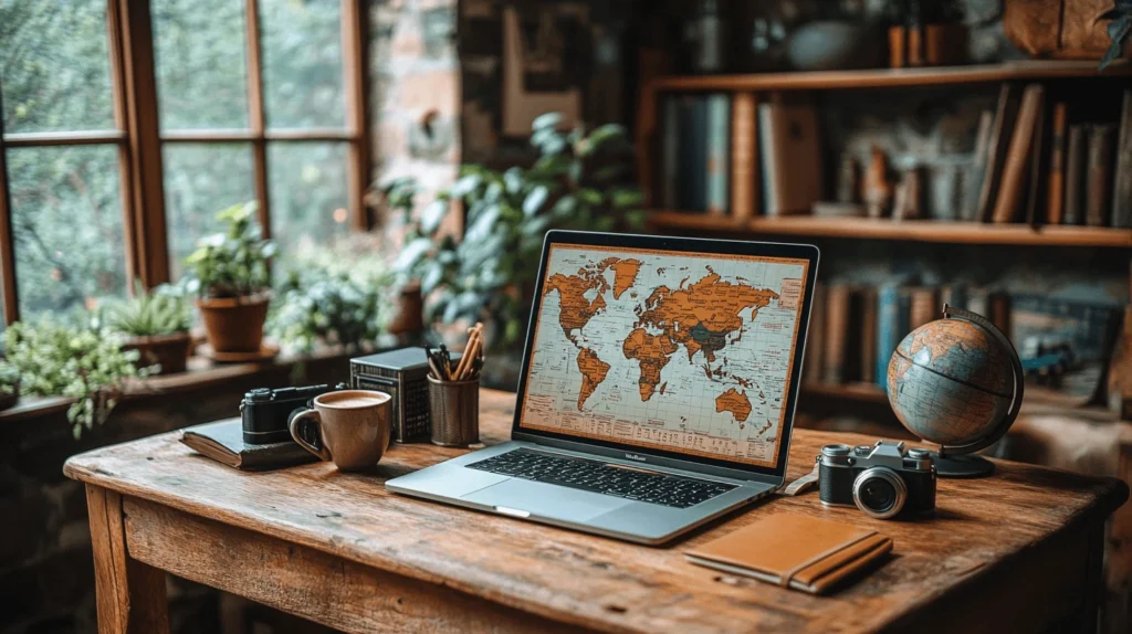 Cozy workspace with a laptop, travel planner, and travel guides for a European trip.