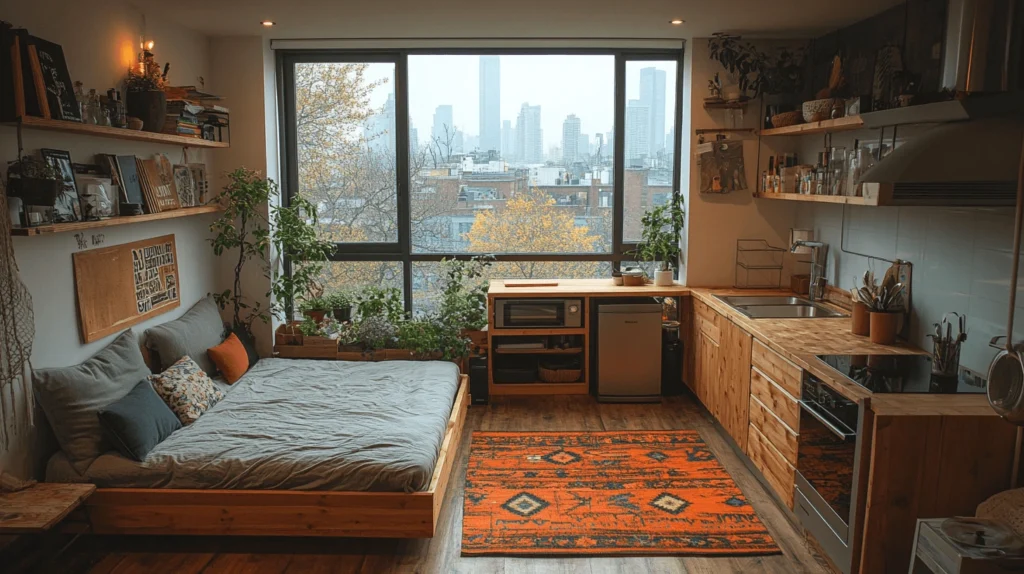 A cozy, modern Airbnb apartment with a small kitchen, large windows, and lush greenery, perfect for budget travelers