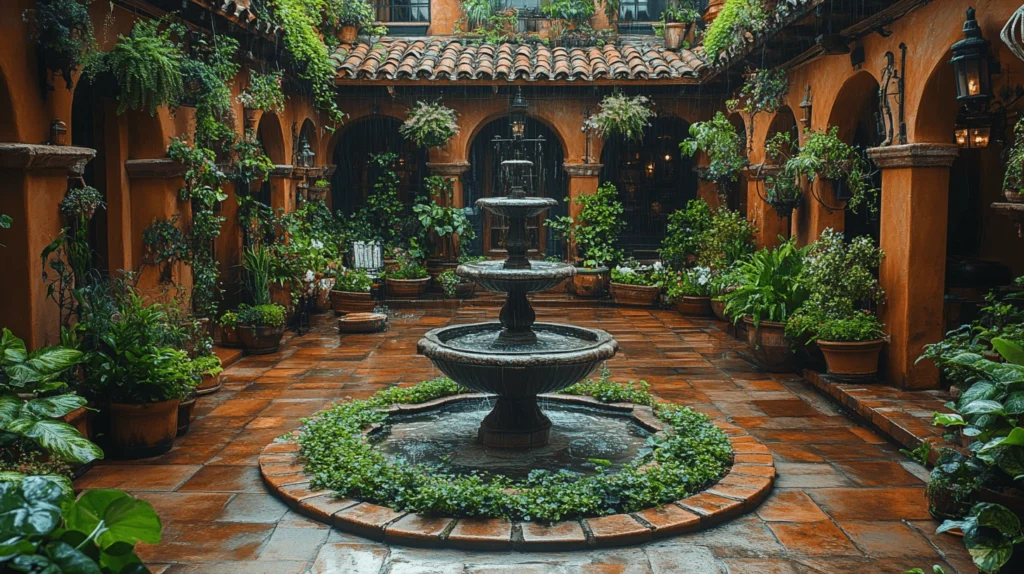 A serene courtyard with lush greenery and a decorative fountain in a hidden location