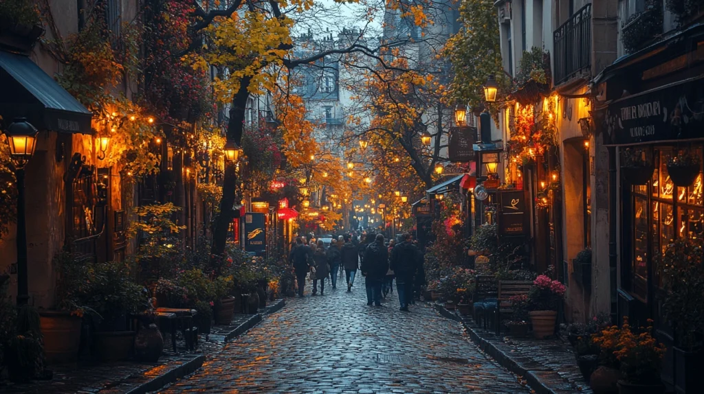 A charming, cobblestone street lit with warm lights, surrounded by cozy local homes