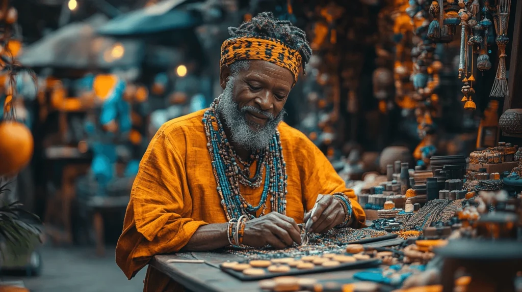 A cheerful local vendor arranging handmade crafts in a vibrant marketplace