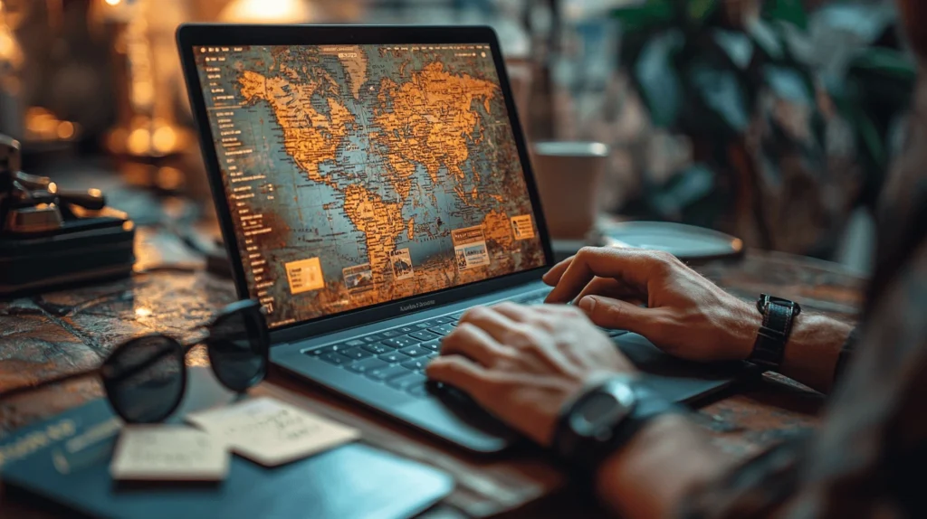 Laptop showing a world map with sunglasses, passport, and tickets nearby
