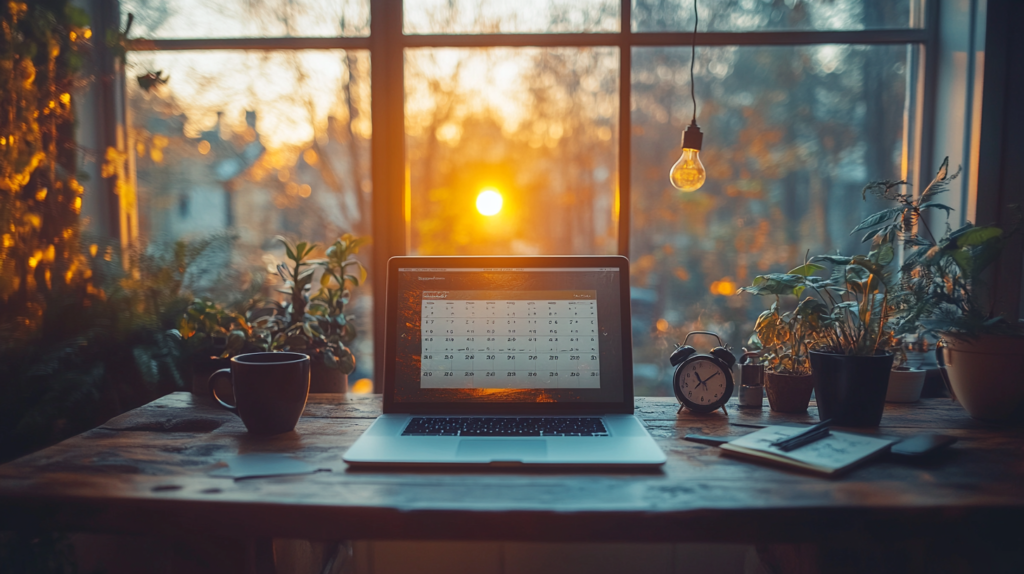 A laptop with a calendar on the screen, set on a cozy desk with a warm sunset view, symbolizing strategic travel planning