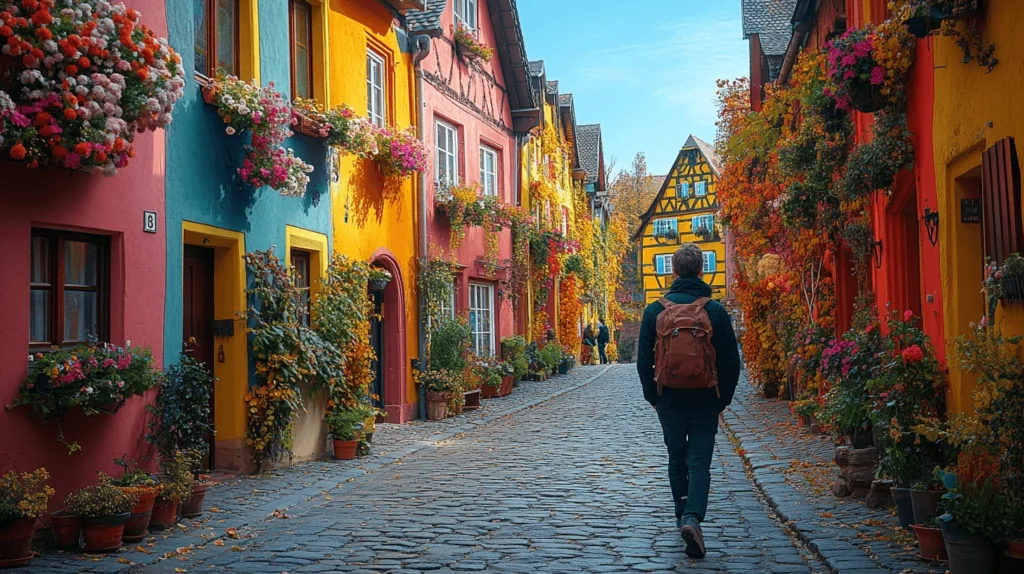 Traveler walking down a cobblestone street in a charming European old town.