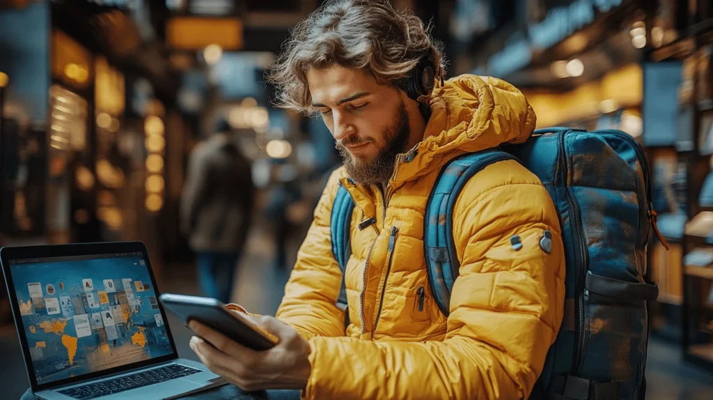 A bearded traveler in a yellow jacket using a smartphone and laptop to explore travel planning tools