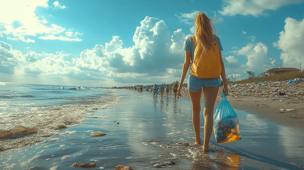 A traveler picking up litter on a beach, contributing to environmental conservation efforts