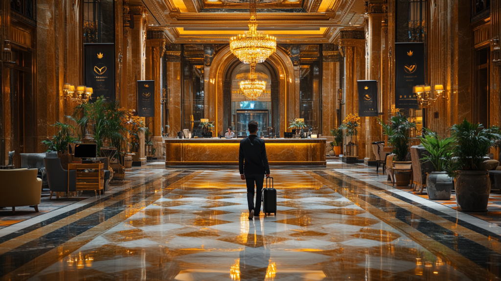 A traveler with a suitcase entering a luxurious hotel lobby with chandeliers and marble flooring, symbolizing affordable luxury travel