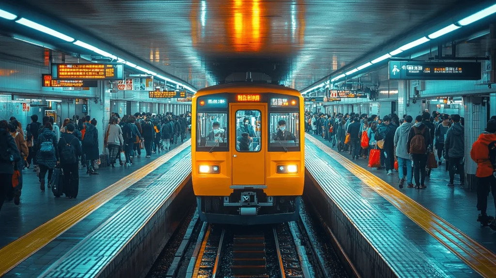 A busy metro station with commuters boarding a vibrant yellow train
