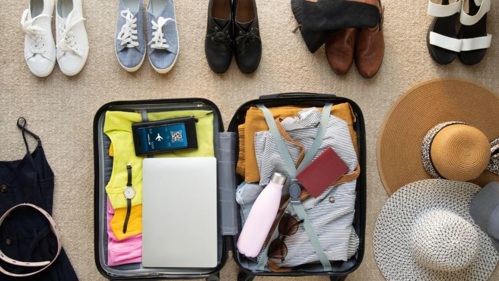 Overhead view of organized travel essentials in open suitcases