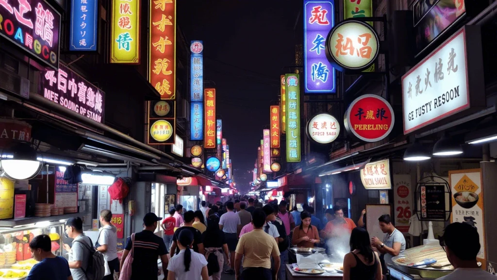 A crowded Bangkok street food market filled with stalls, fresh ingredients, and hungry customers