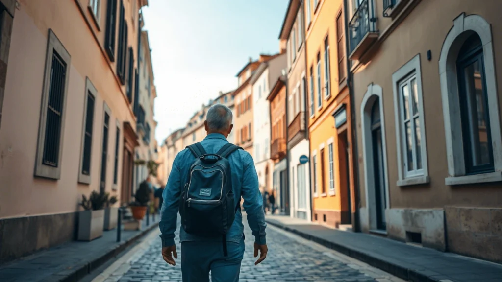 A traveler with a backpack walking through a quiet European street lined with colorful historic buildings