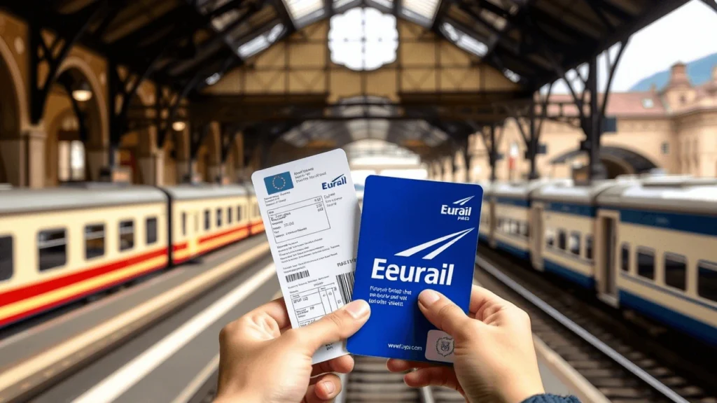 A traveler holding a Eurail Pass and train ticket at a European train station, with high-speed trains in the background