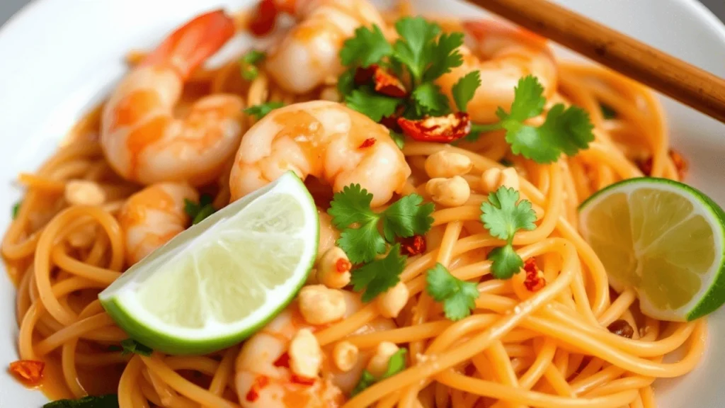A plate of authentic Pad Thai with shrimp, lime wedges, peanuts, and fresh cilantro