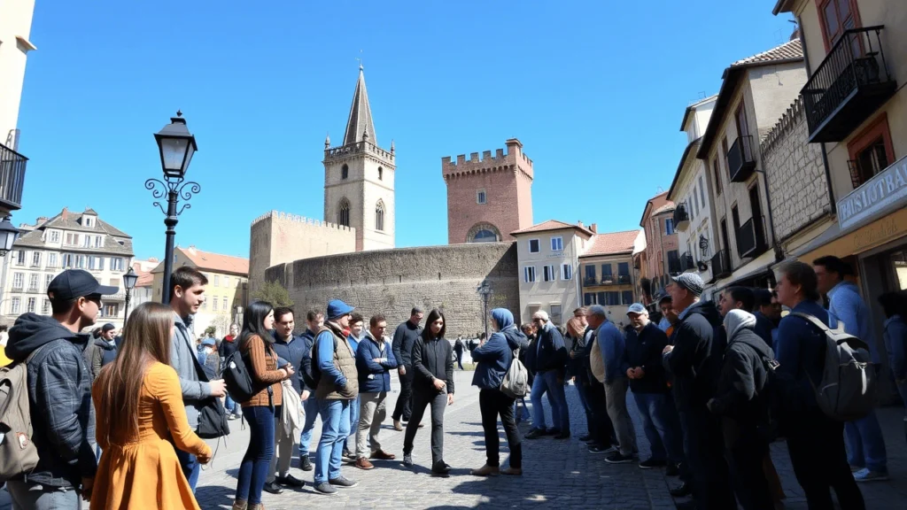 A tour guide leading a group of travelers through a historic European city during a free walking tour