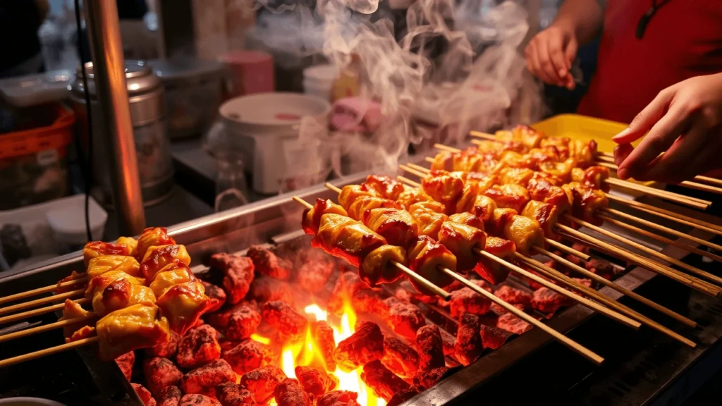 Thai-style satay skewers grilling over hot charcoal, with smoke rising from the flame
