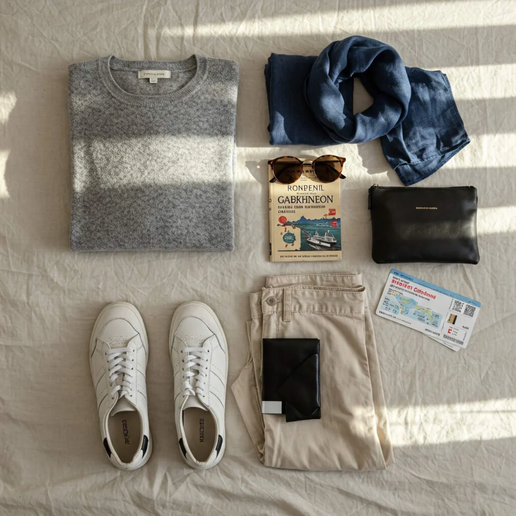 Hands sorting travel items into 'Needs' and 'Wants' piles on a bed.