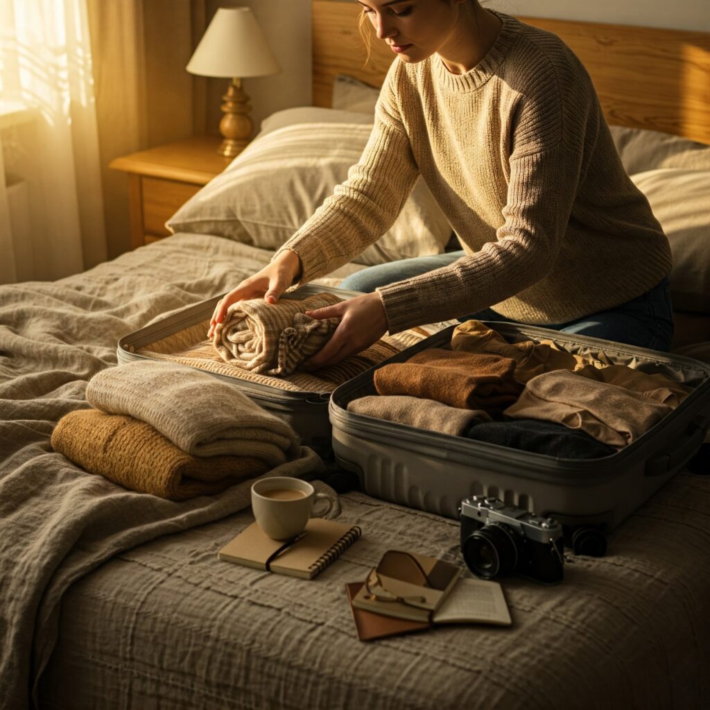 Woman thoughtfully packing a small carry-on suitcase, travel journal and pen beside her.
