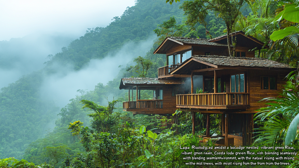 Lapa Rios Ecolodge nestled in a lush rainforest in Costa Rica, with mist rising from the trees