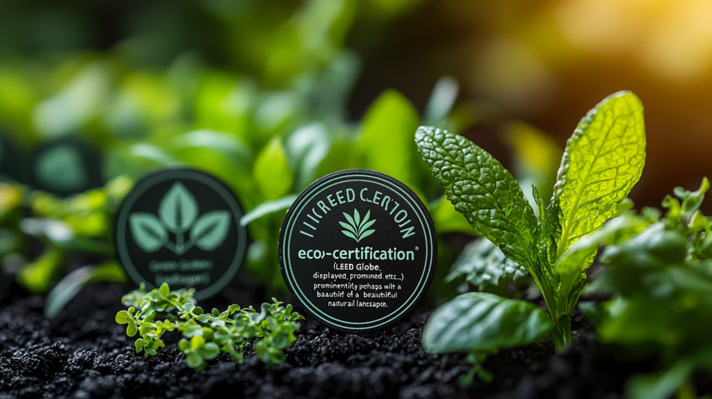 Seedling growing in soil with eco-certification badges, representing sustainable growth and environmental responsibility
