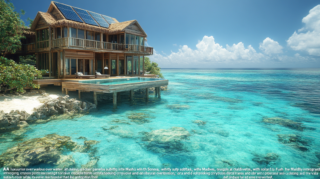 Solar-powered luxury overwater bungalow in the Maldives with crystal-clear turquoise water and coral reefs
