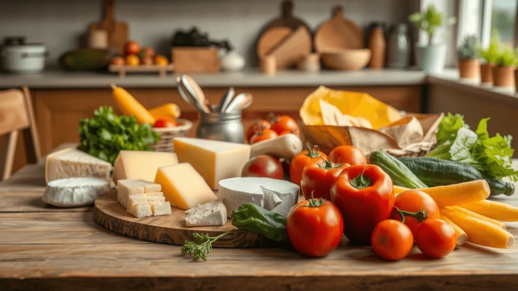 A rustic wooden table filled with fresh European market produce, including cheese, tomatoes, and vegetables