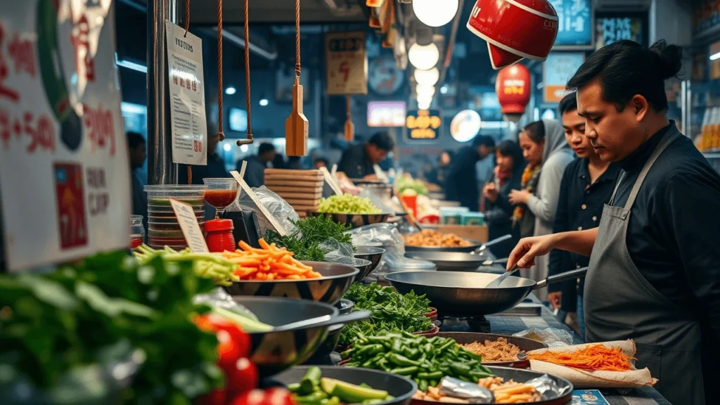 A Bangkok street food vendor cooking fresh stir-fried dishes at a night market