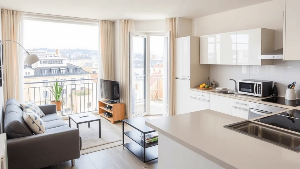 A bright and modern Airbnb apartment in a European city, with a balcony overlooking the skyline