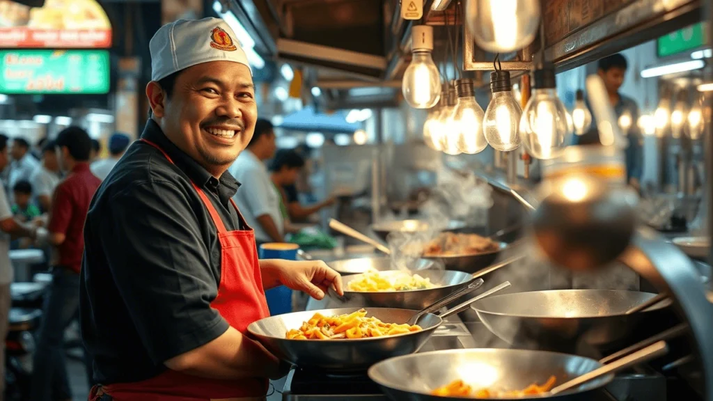A happy street food vendor cooking fresh Thai food at a Bangkok market stall