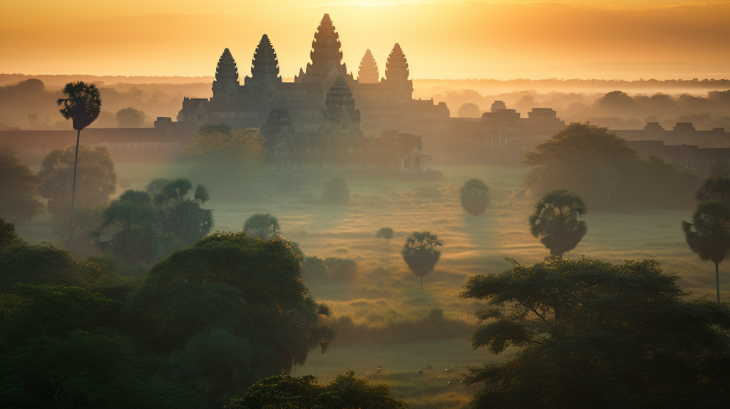 A breathtaking sunrise over Angkor Wat, with mist covering the lush green landscape and palm trees in the foreground.