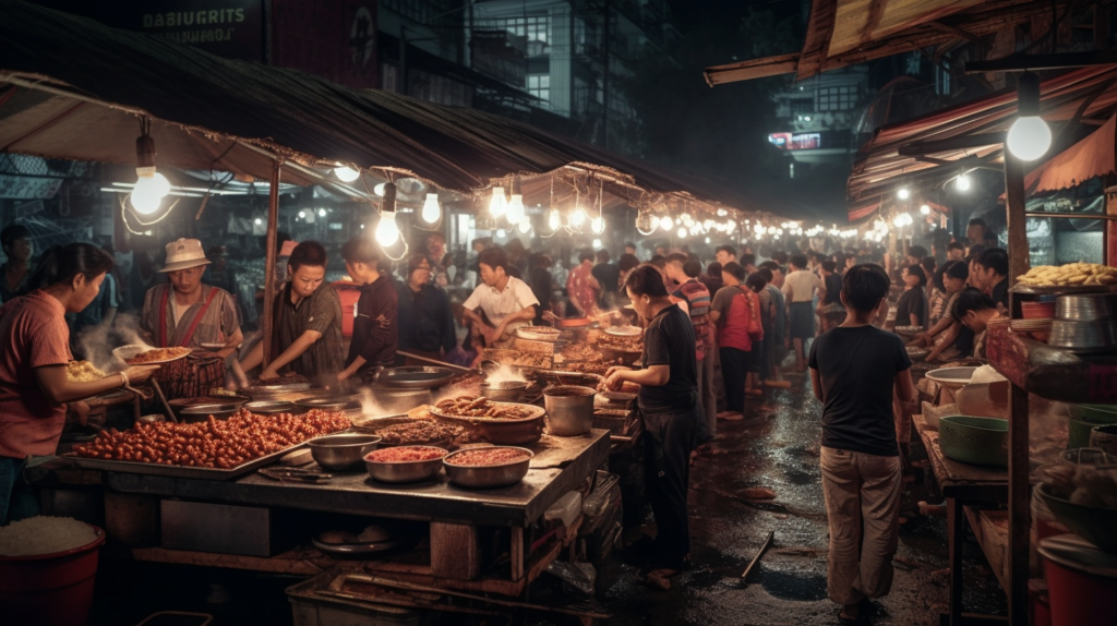 A lively Southeast Asian night market with food stalls, people cooking, and a warm glow of hanging lights.