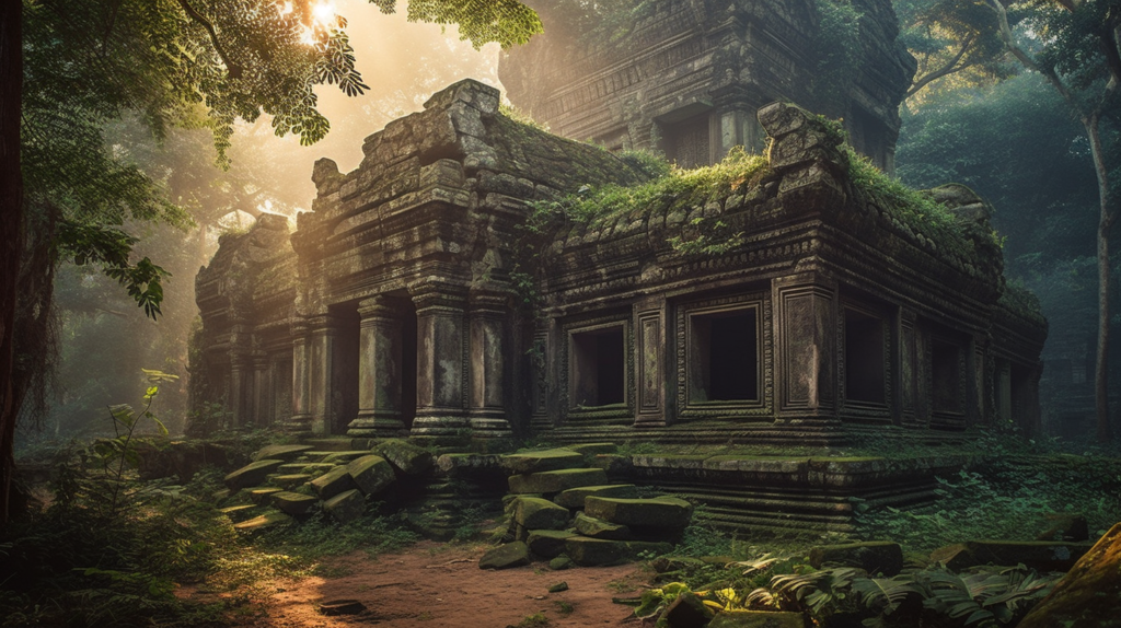 An ancient, moss-covered stone temple deep in a lush green jungle, with sunlight filtering through the trees