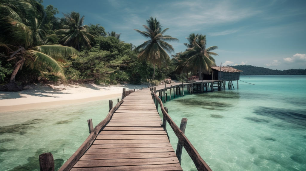 Wooden boardwalk leading to a secluded tropical beach with crystal-clear turquoise water and a stilt house in the distance." (Concise and descriptive for accessibility)